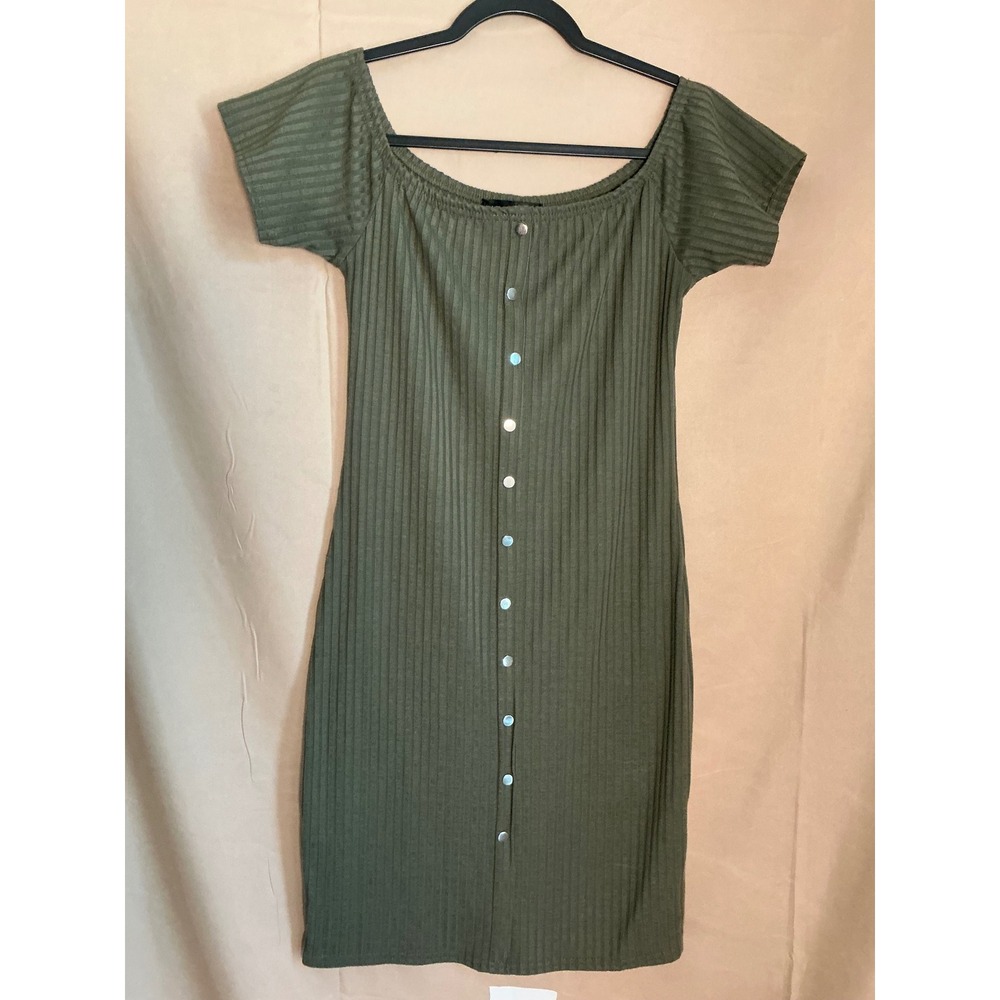 LU NYC Ribbed Bodycon Dress Women Large Olive Green Excellent Off Shoulder Mini